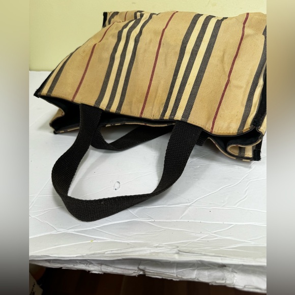 Burberry Vintage Striped Canvas Toto Bag Satchel Handbag Nova Check Cotton Tan - Picture 8 of 16